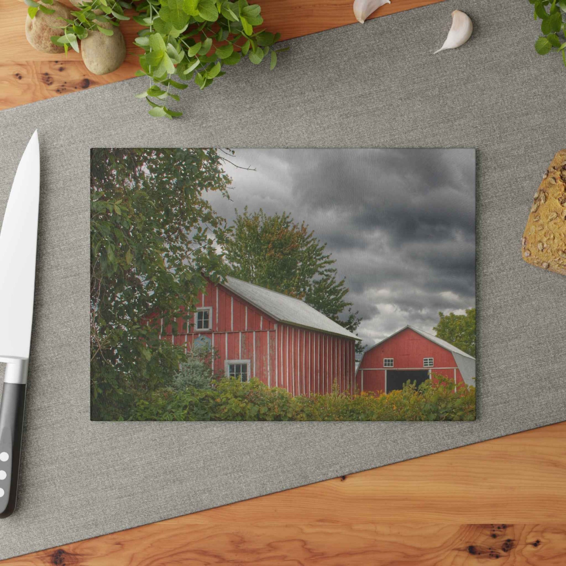 U R There Photography Pinstripe Barn and Buddy I Rustic Farmhouse Tempered-Glass Cutting Board