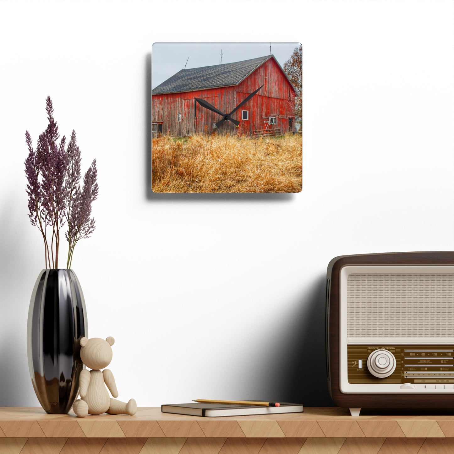 U R There Photography Harrington Road Red Rustic Farmhouse Acrylic Analog Wall Clock