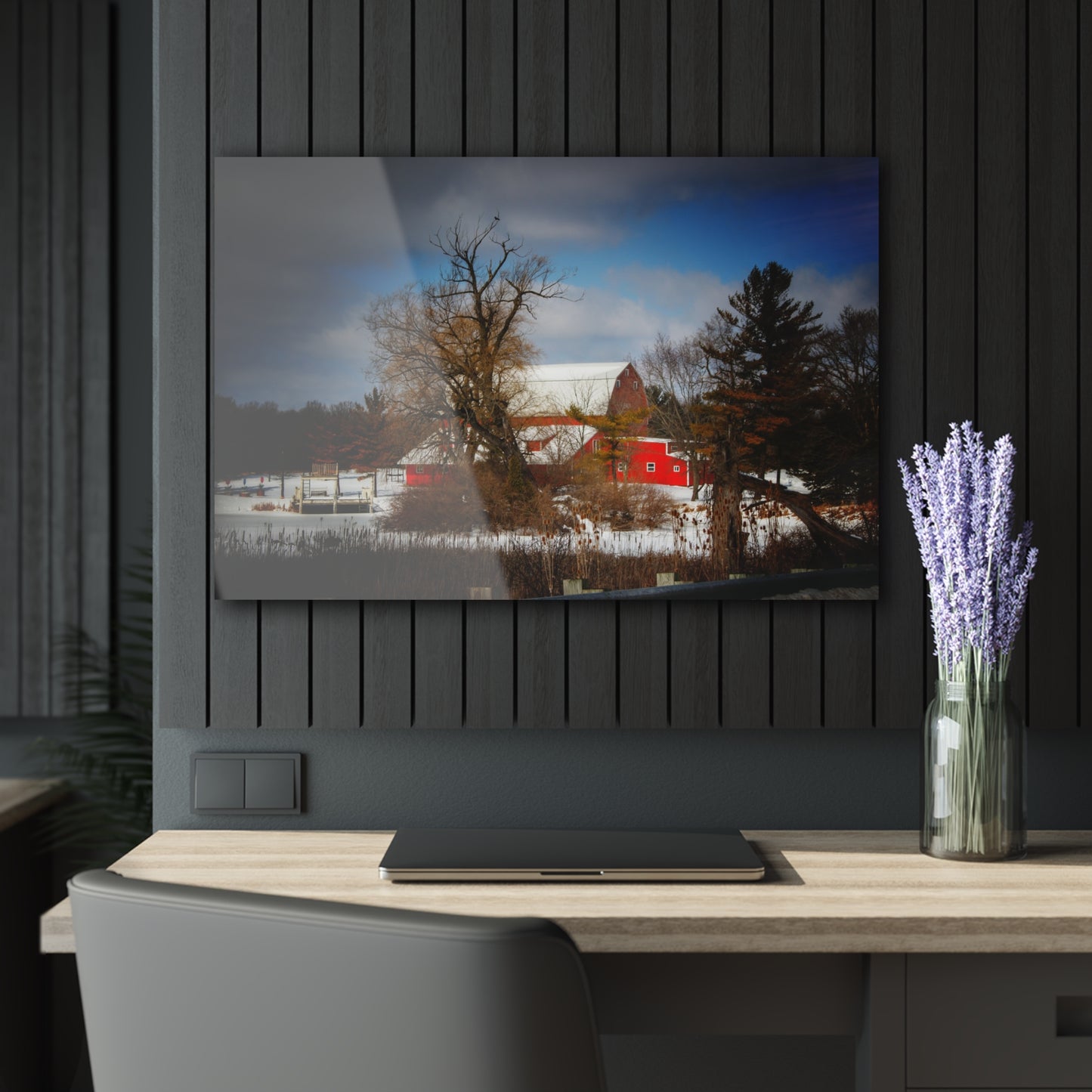 U R There Photography Hadley Road Hidden Red in Winter Rustic Farmhouse Acrylic Wall Print