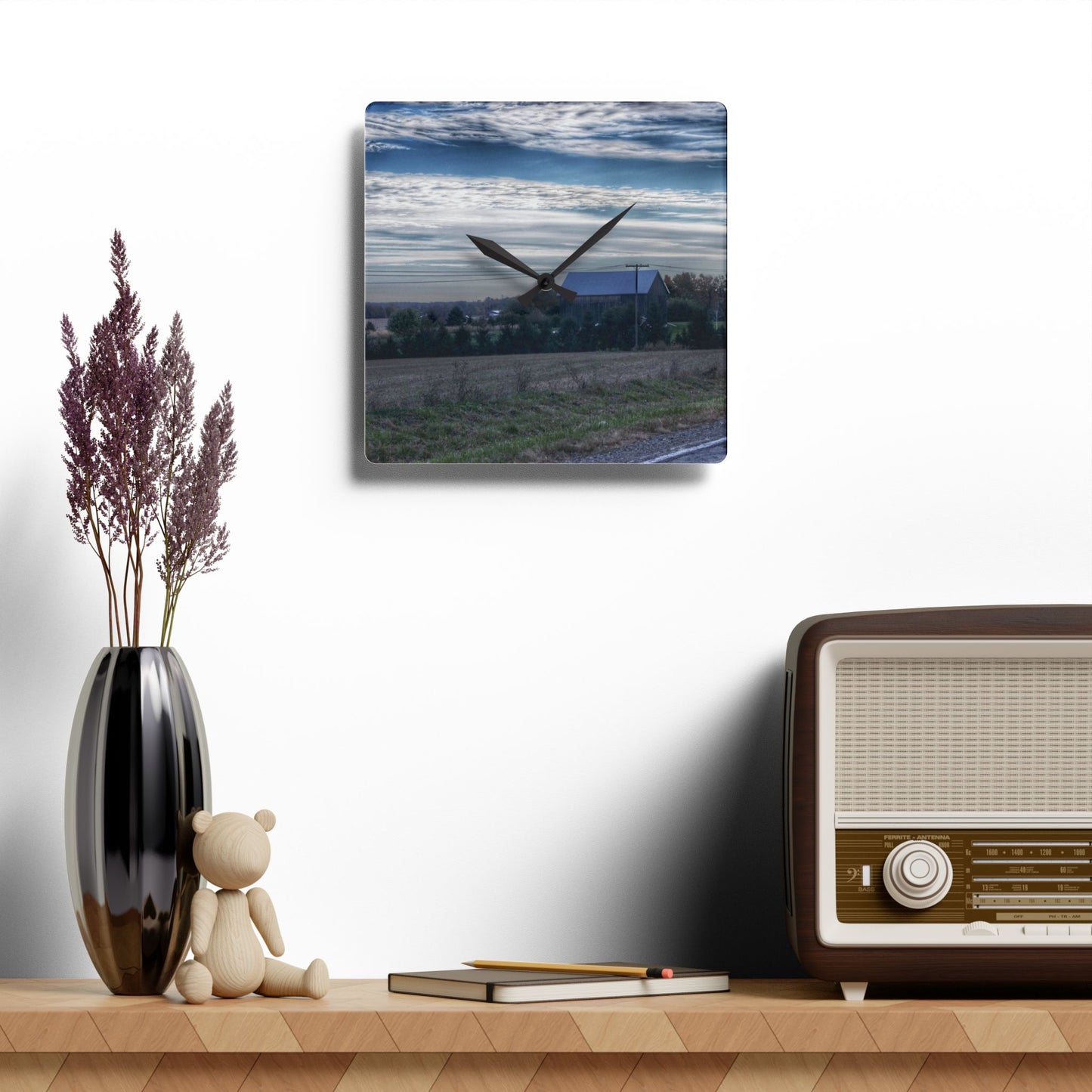 U R There Photography Burnside Road Grey Blues Rustic Farmhouse Acrylic Analog Wall Clock