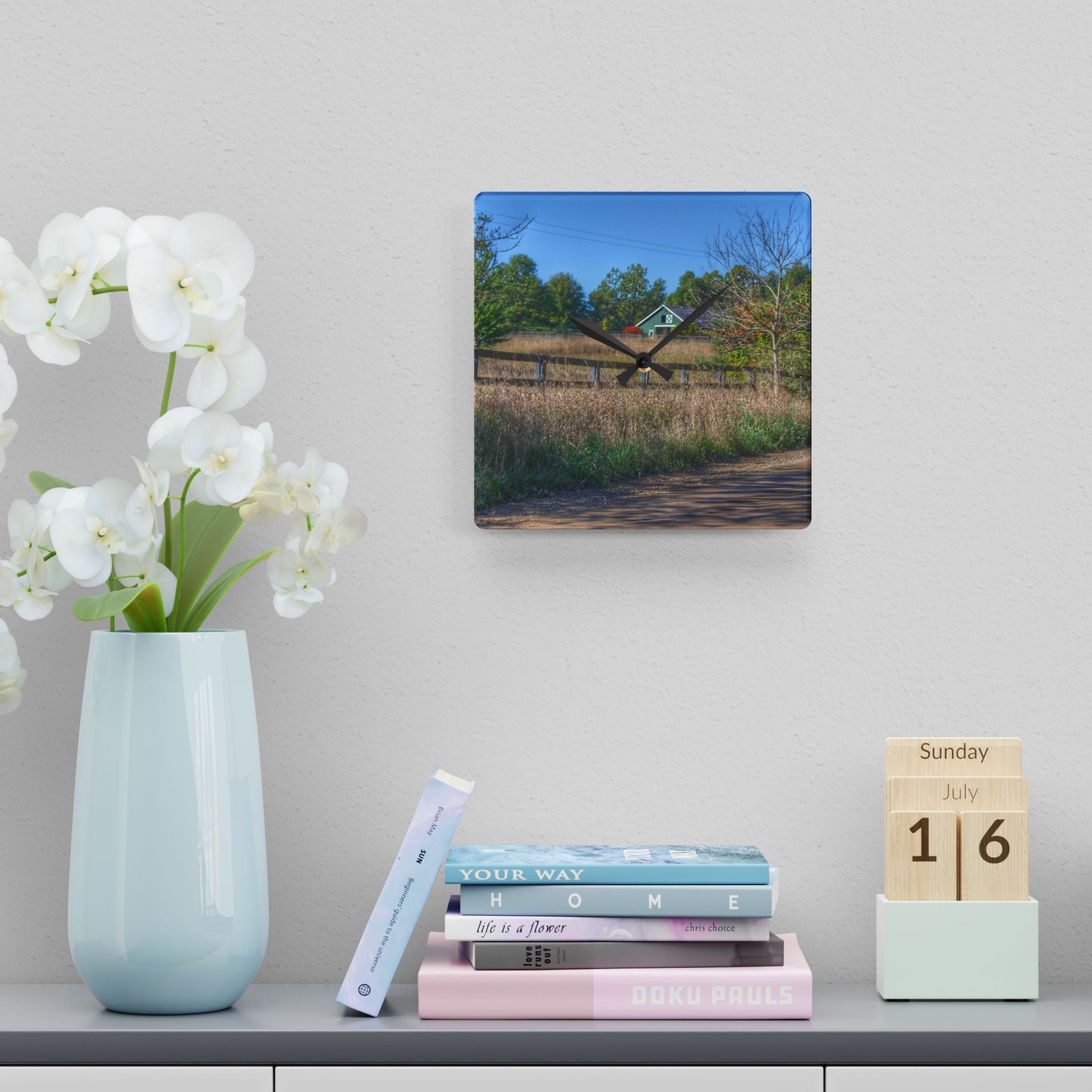 U R There Photography Oakwood Road Hidden Green Rustic Farmhouse Acrylic Analog Wall Clock