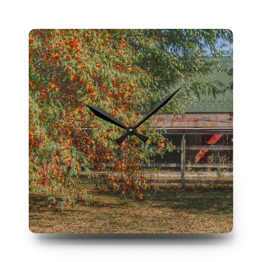 Farrand Road Red Corral by Flowering Tree Rustic Farmhouse Acrylic Analog Wall Clock 10.75'' × 10.75'' (Square)
