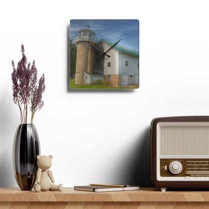 U R There Photography Phelps Road Lighthouse Barn I Rustic Farmhouse Acrylic Analog Wall Clock