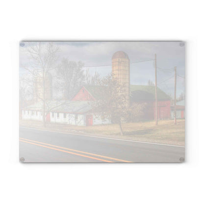 U R There Photography Newark Road Red and Silos III Rustic Farmhouse Tempered-Glass Cutting Board 8"x 11"