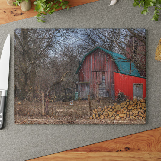 U R There Photography Bray Road Hidden Barnyard Red II Rustic Farmhouse Tempered-Glass Cutting Board