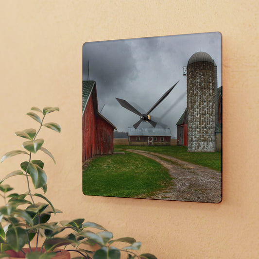 U R There Photography Roedel Roadside Reds II Rustic Farmhouse Acrylic Analog Wall Clock