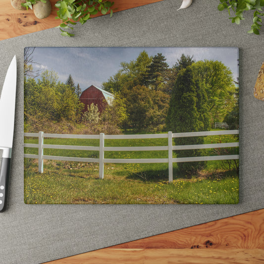 U R There Photography Sutton Road Red Beyond the Fence Rustic Farmhouse Tempered-Glass Cutting Board