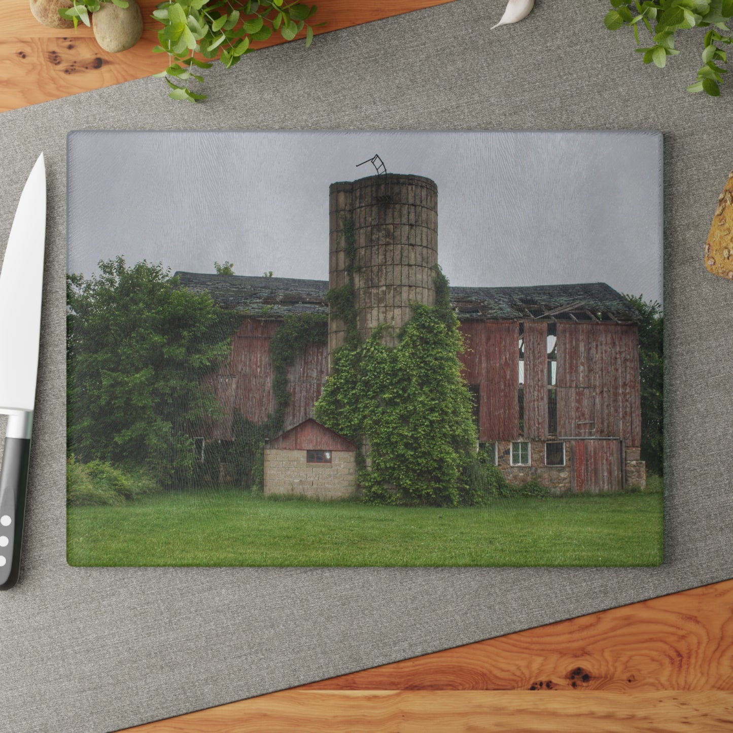 U R There Photography Imlay City Road Red I Rustic Farmhouse Tempered-Glass Cutting Board