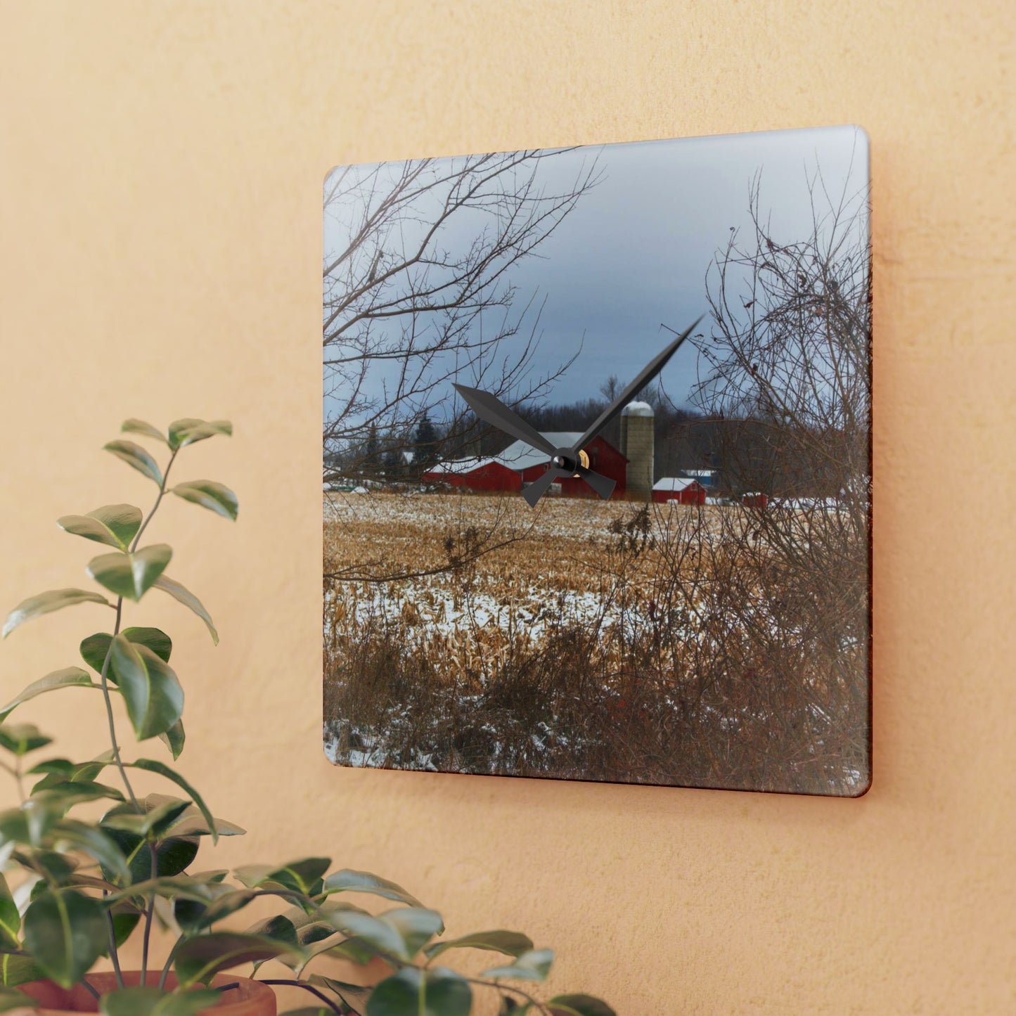 U R There Photography Brook Road Red in Winter Rustic Farmhouse Acrylic Analog Wall Clock