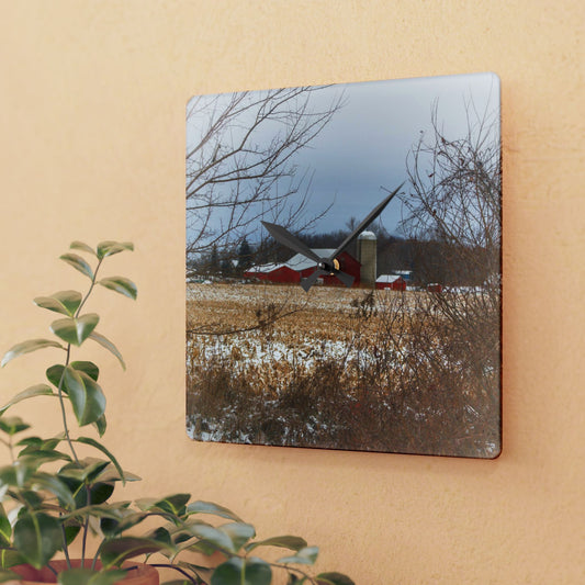 U R There Photography Brook Road Red in Winter Rustic Farmhouse Acrylic Analog Wall Clock