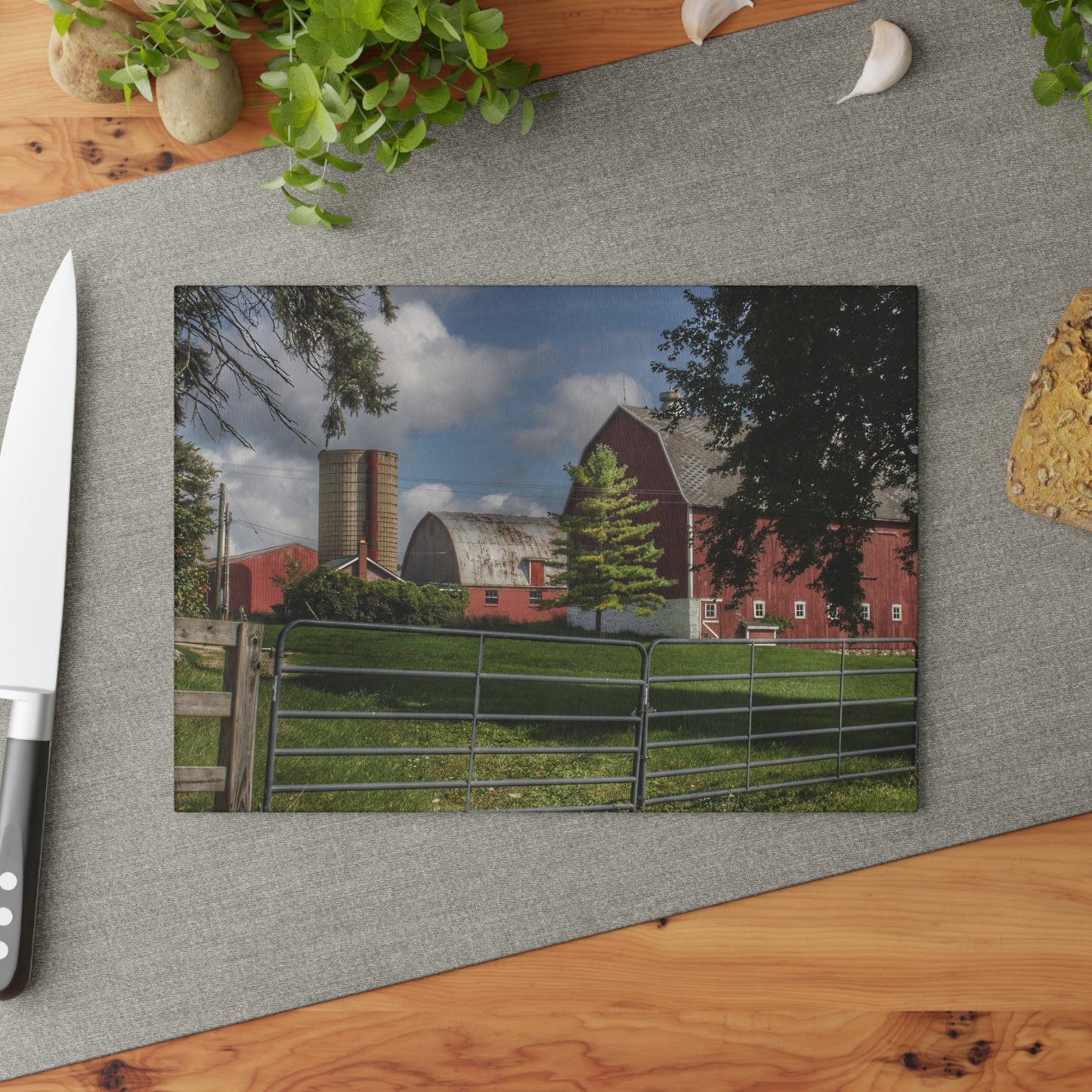 U R There Photography Hough Road Reds and Silo Rustic Farmhouse Tempered-Glass Cutting Board