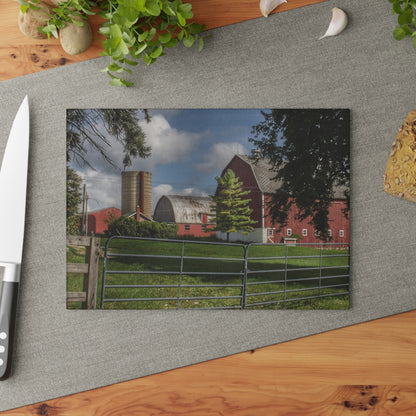U R There Photography Hough Road Reds and Silo Rustic Farmhouse Tempered-Glass Cutting Board