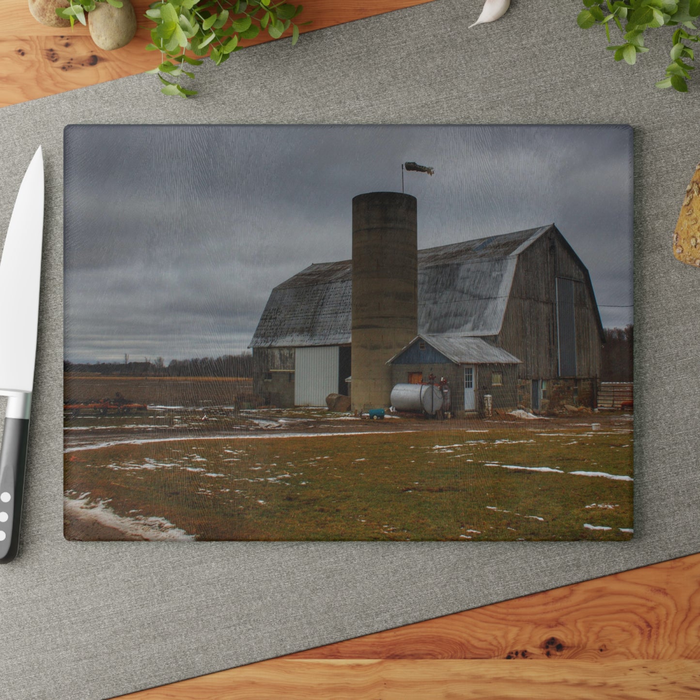 U R There Photography Chapman Road Grey I Rustic Farmhouse Tempered-Glass Cutting Board