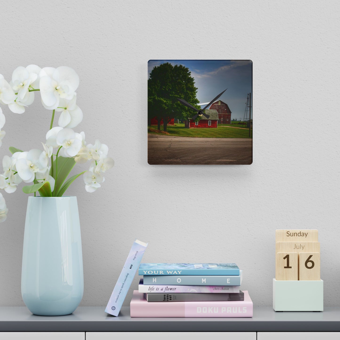 U R There Photography Bradford Road Reds Rustic Farmhouse Acrylic Analog Wall Clock
