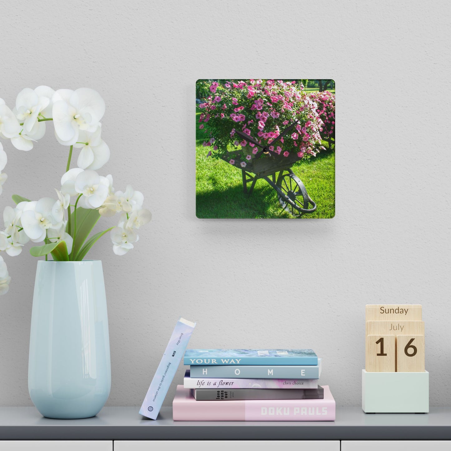 U R There Photography Wheelbarrow Full of Flowers Rustic Farmhouse Acrylic Analog Wall Clock