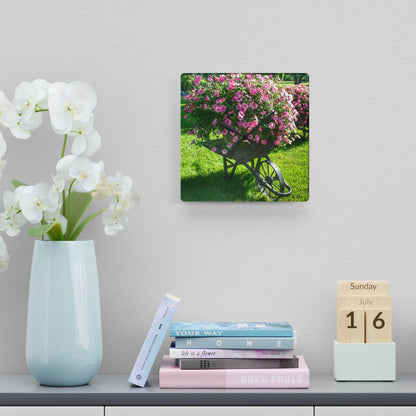 U R There Photography Wheelbarrow Full of Flowers Rustic Farmhouse Acrylic Analog Wall Clock