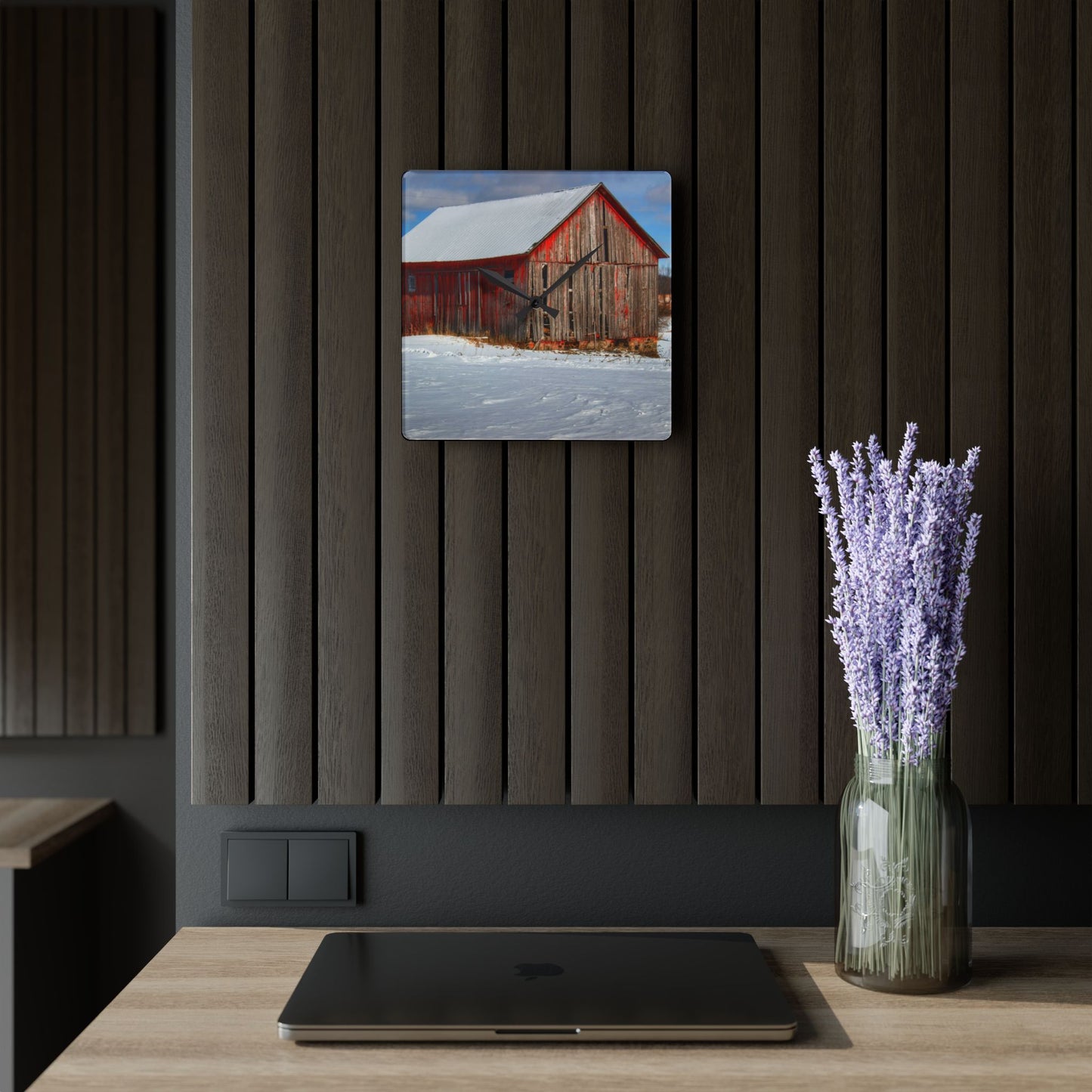 U R There Photography Barnes Road Little Red I Rustic Farmhouse Acrylic Analog Wall Clock