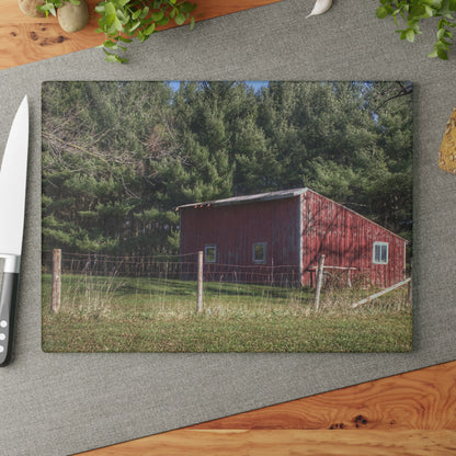 U R There Photography Little Red Shack Rustic Farmhouse Tempered-Glass Cutting Board