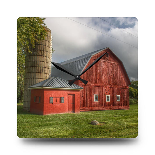 Hollow Corners Road Red and Silo Rustic Farmhouse Acrylic Analog Wall Clock 10.75'' × 10.75'' (Square)