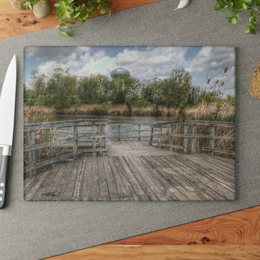 U R There Photography Bridge Overlooking Water Tower Park in Lapeer Rustic Farmhouse Tempered-Glass Cutting Board