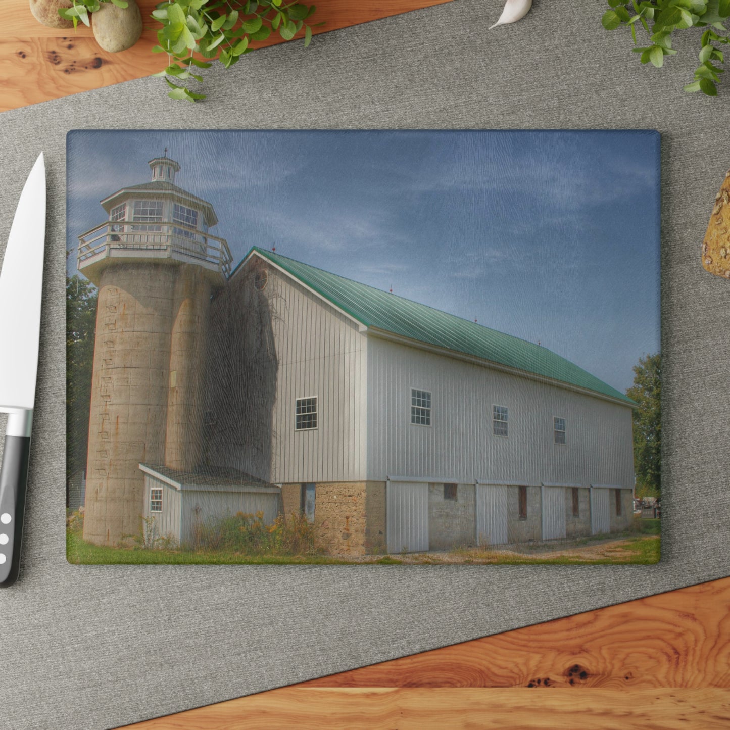 U R There Photography Phelps Road Lighthouse Barn I Rustic Farmhouse Tempered-Glass Cutting Board
