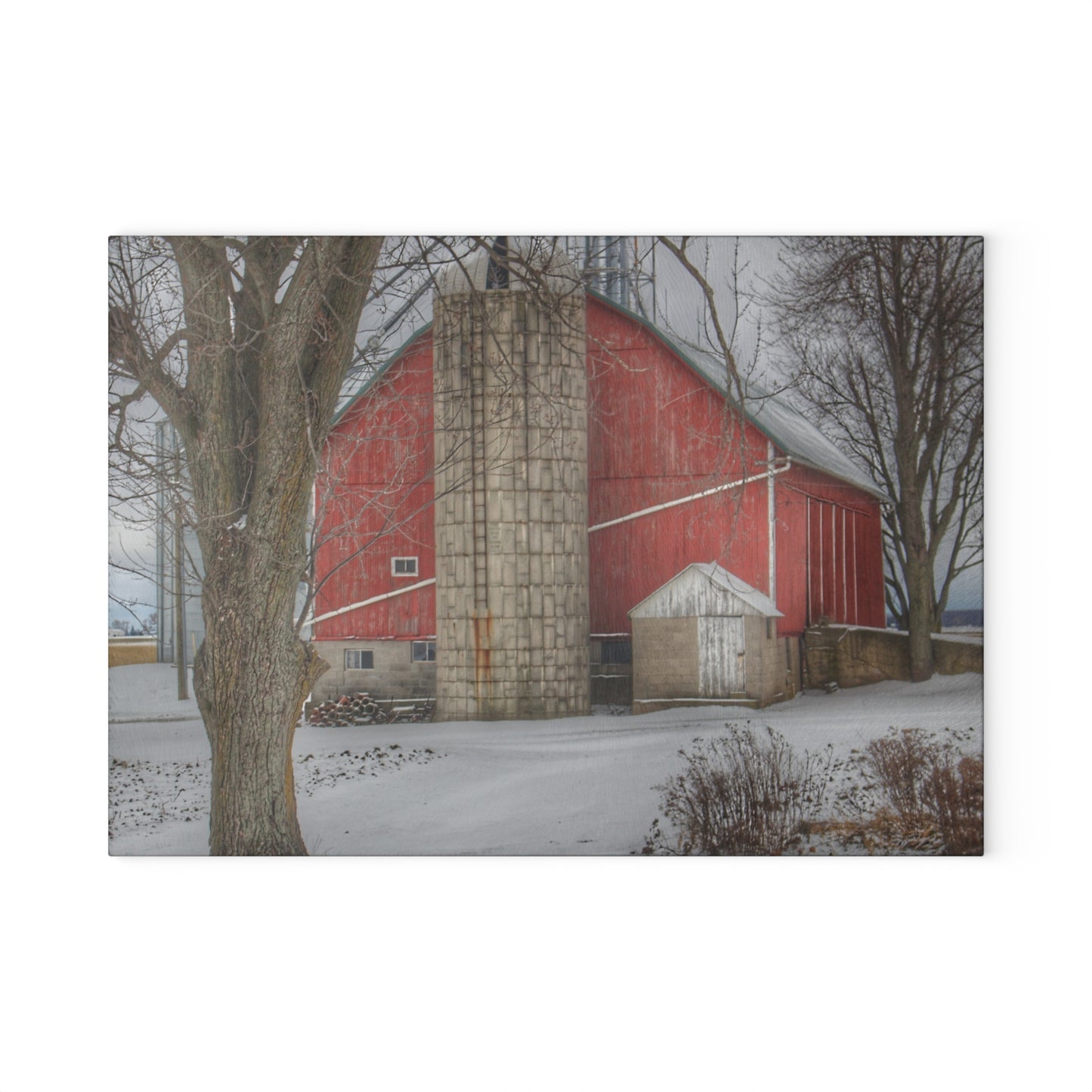 U R There Photography Frenchline Road Red in Winter Rustic Farmhouse Tempered-Glass Cutting Board