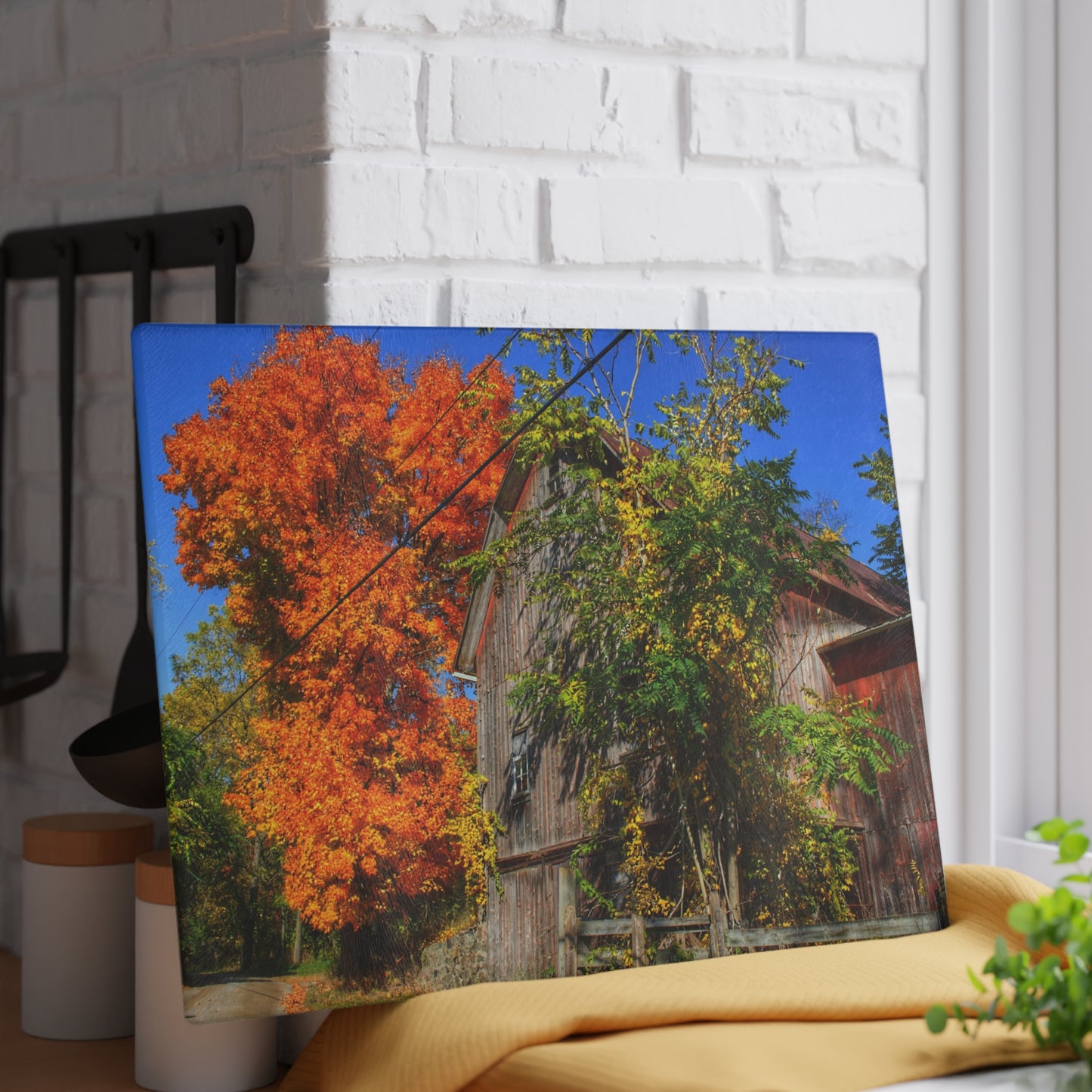 U R There Photography Oxford Rusted Red in Fall Rustic Farmhouse Tempered-Glass Cutting Board