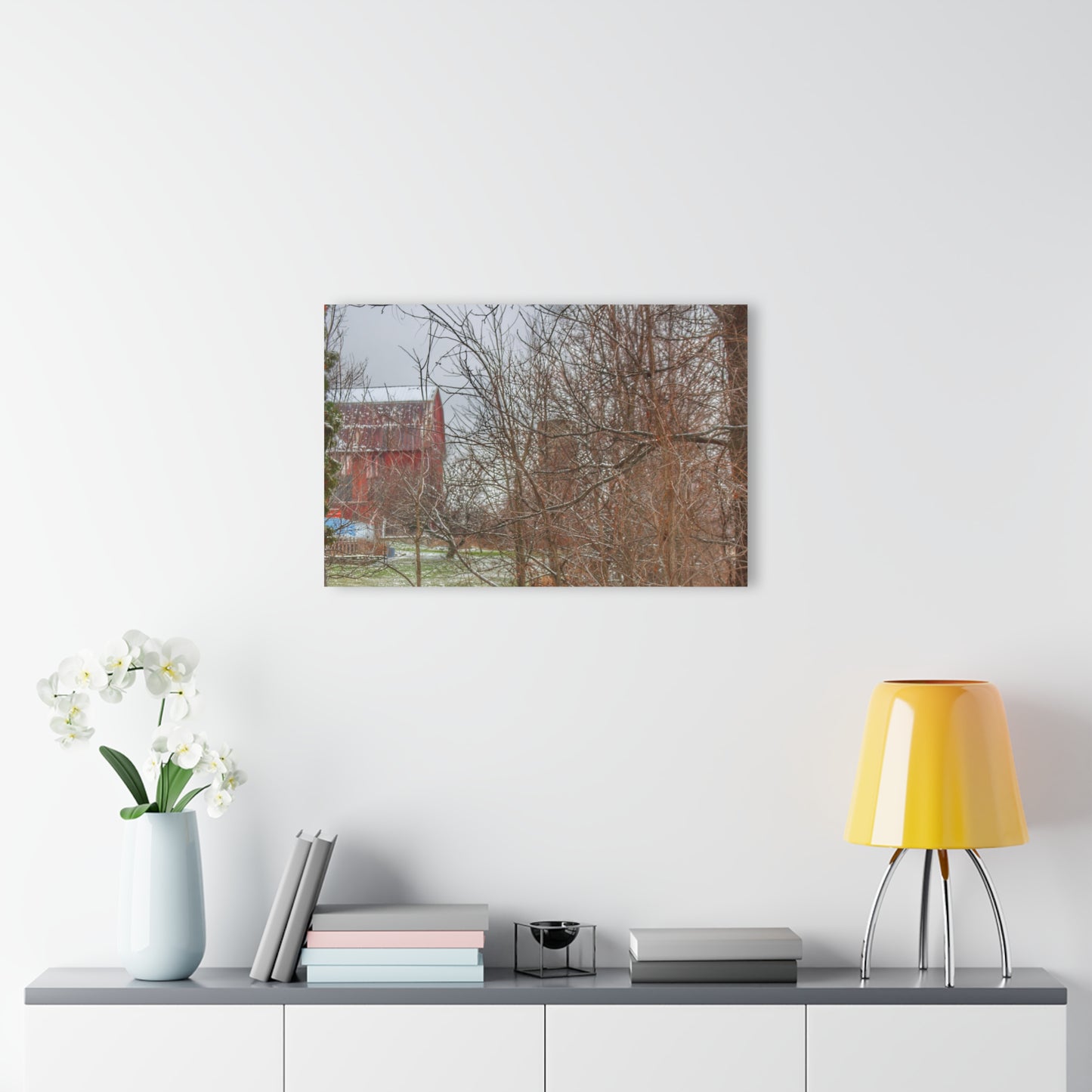 U R There Photography Hough Road Hidden Winter Red I Rustic Farmhouse Acrylic Wall Print