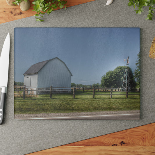 U R There Photography M-90 White and Windmill I Rustic Farmhouse Tempered-Glass Cutting Board