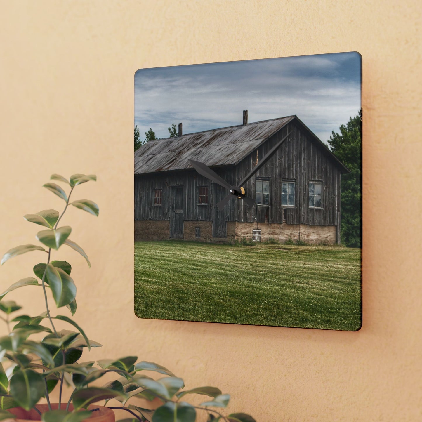 U R There Photography West Tuscola Road Grey Shack Rustic Farmhouse Acrylic Analog Wall Clock