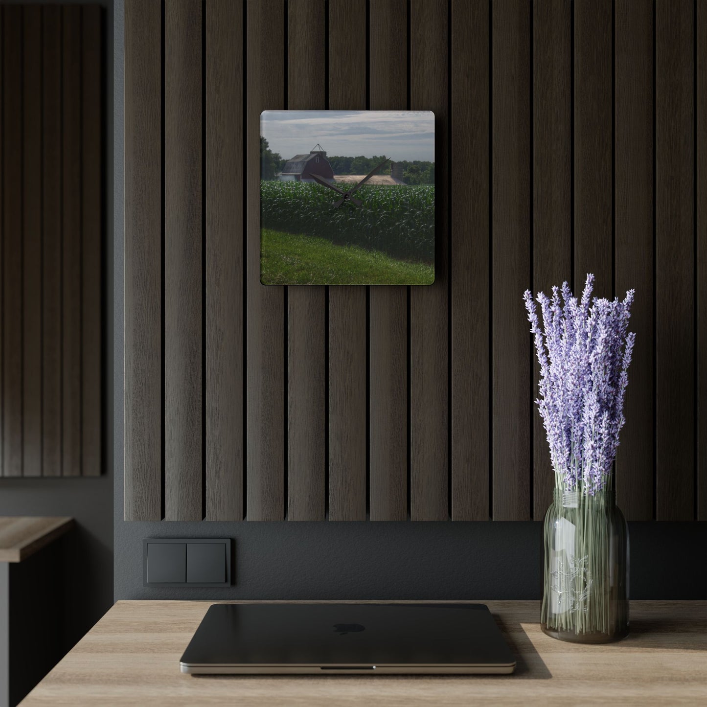 U R There Photography Above the Corn on Piersonville Road II Rustic Farmhouse Acrylic Analog Wall Clock