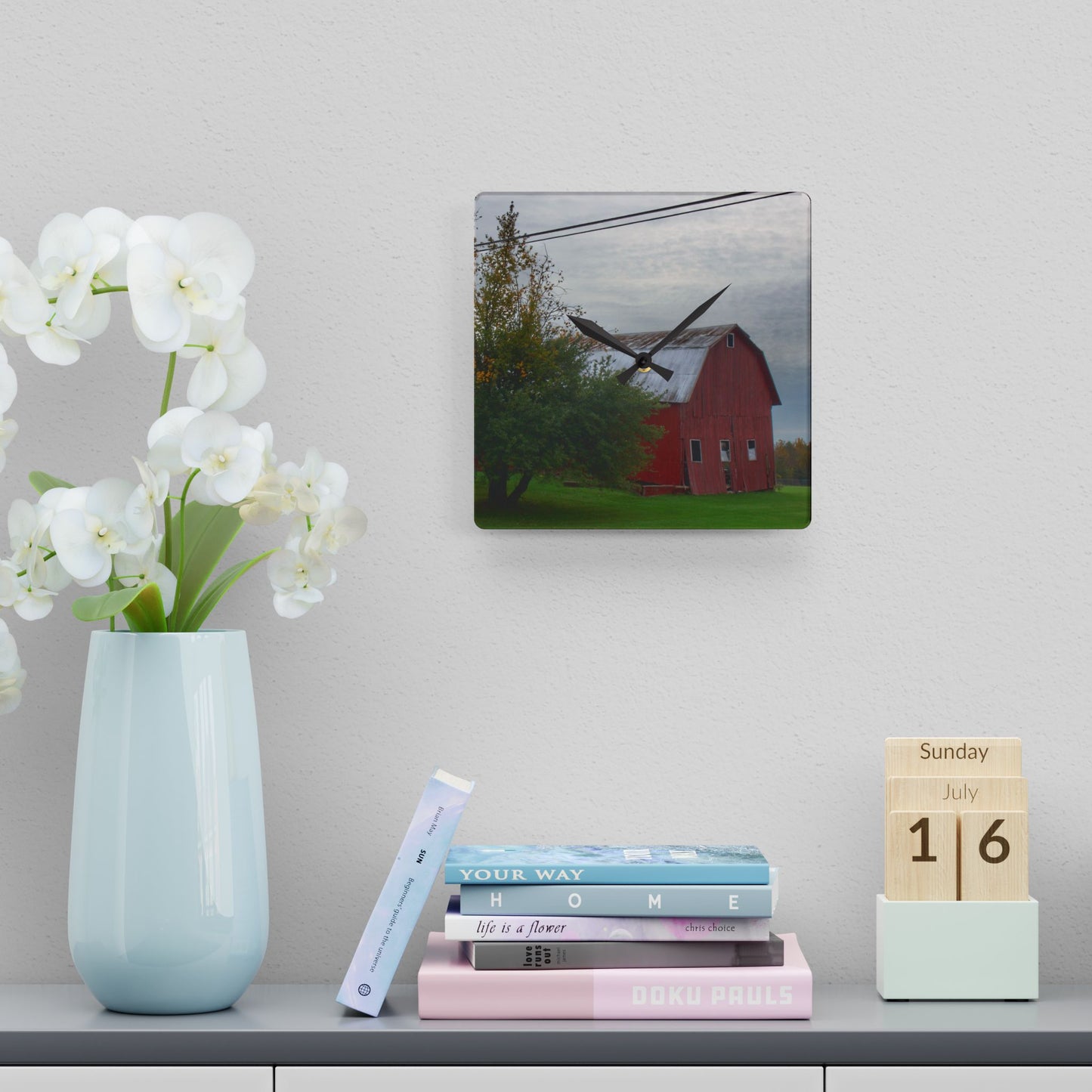U R There Photography Perry Road Tilted Red Rustic Farmhouse Acrylic Analog Wall Clock