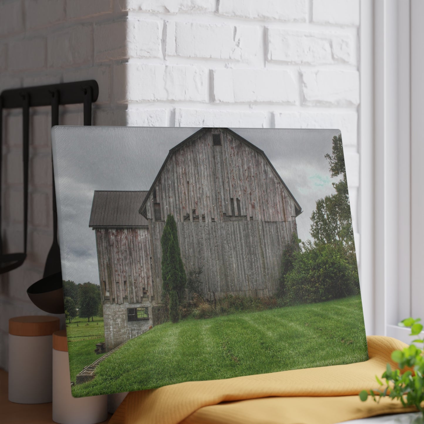 U R There Photography Dequindre Road Grey III Rustic Farmhouse Tempered-Glass Cutting Board