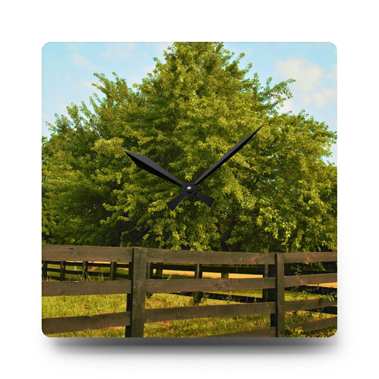 Country Fence and Tree in Metamora Rustic Farmhouse Acrylic Analog Wall Clock 10.75'' × 10.75'' (Square)