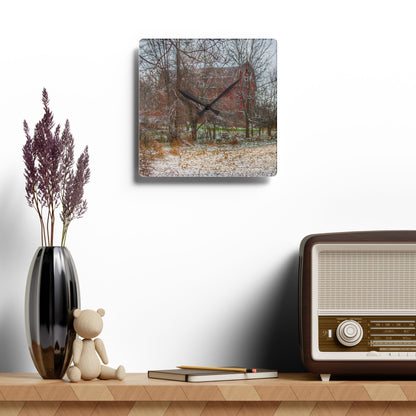 U R There Photography Hough Road Hidden Winter Red II Rustic Farmhouse Acrylic Analog Wall Clock
