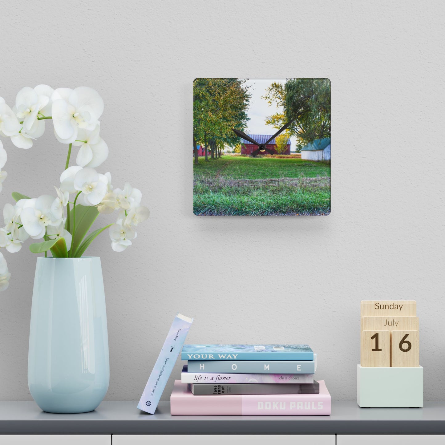 U R There Photography Wilcox Road Reds Rustic Farmhouse Acrylic Analog Wall Clock