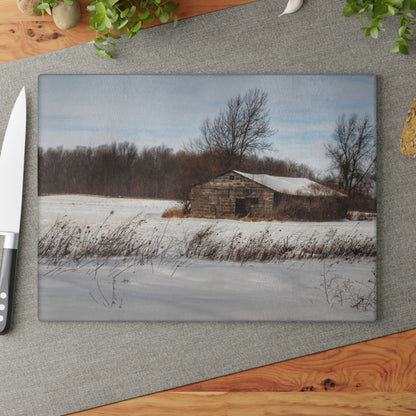 U R There Photography Frozen Grey Shack of Kingston Rustic Farmhouse Tempered-Glass Cutting Board
