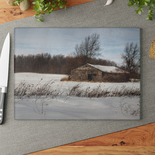 U R There Photography Frozen Grey Shack of Kingston Rustic Farmhouse Tempered-Glass Cutting Board
