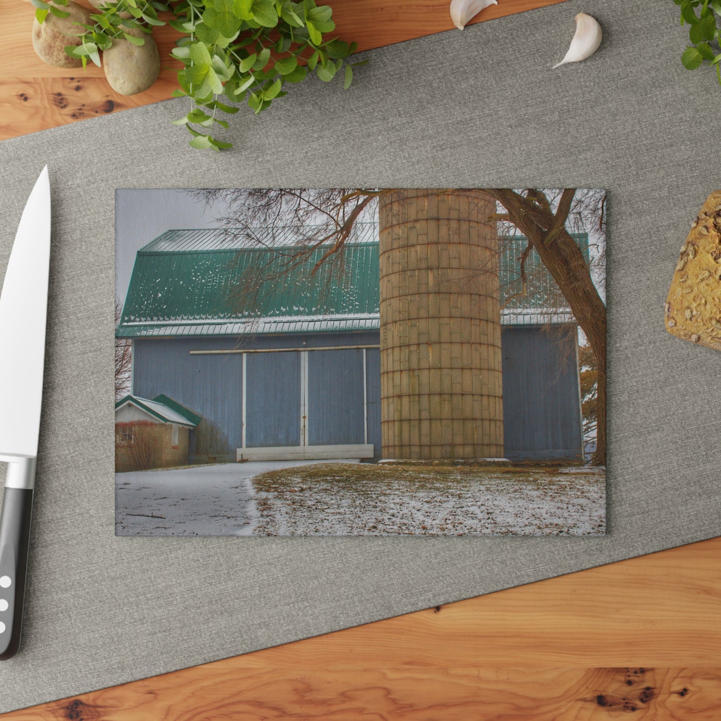 U R There Photography Hollow Corners Grey and Silo Rustic Farmhouse Tempered-Glass Cutting Board