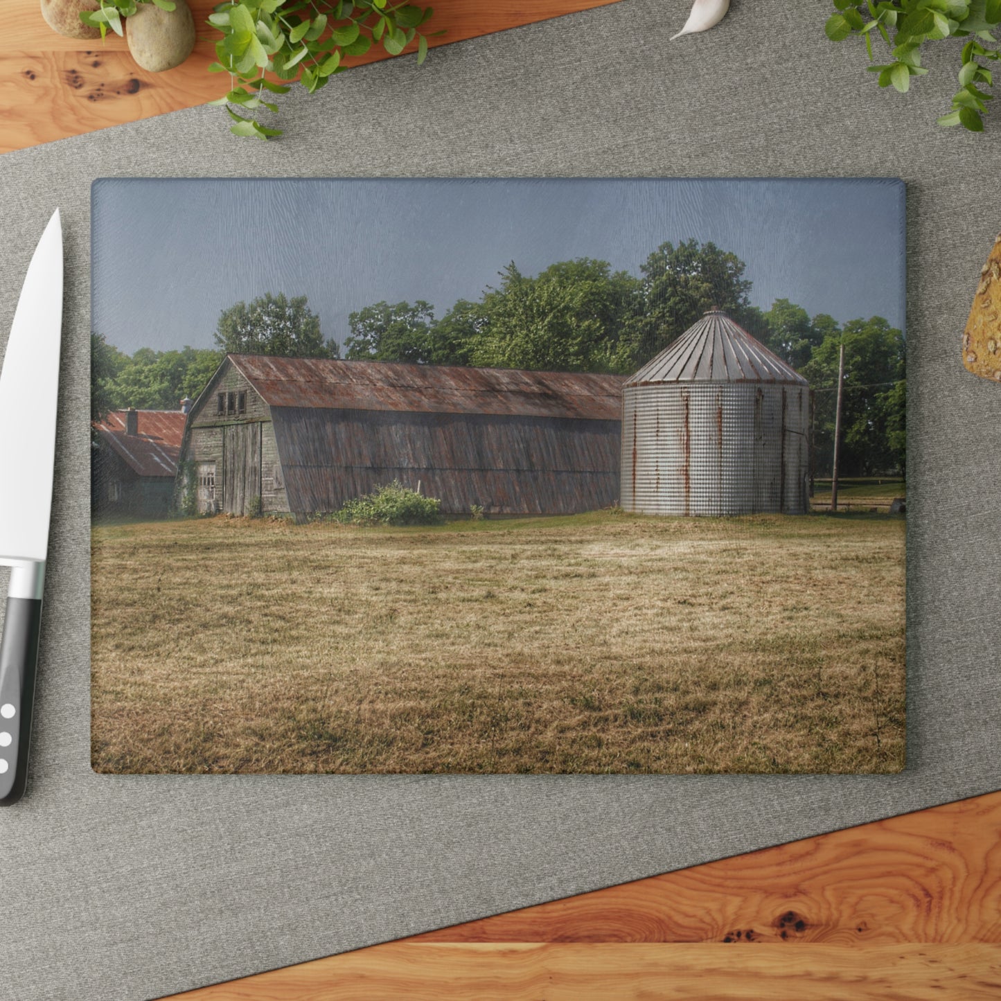 U R There Photography Hough Road Green Quonset II Rustic Farmhouse Tempered-Glass Cutting Board