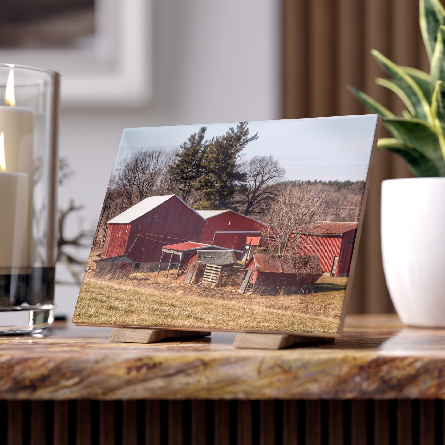 U R There Photography Bronson Lake Reds Rustic Farmhouse Decorative Ceramic Tile 6" × 8" Glossy