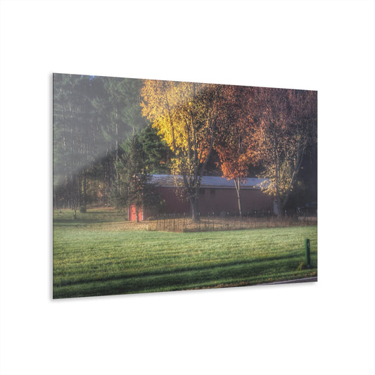 U R There Photography Red Barn on Foggy Fall Morning Rustic Farmhouse Acrylic Wall Print