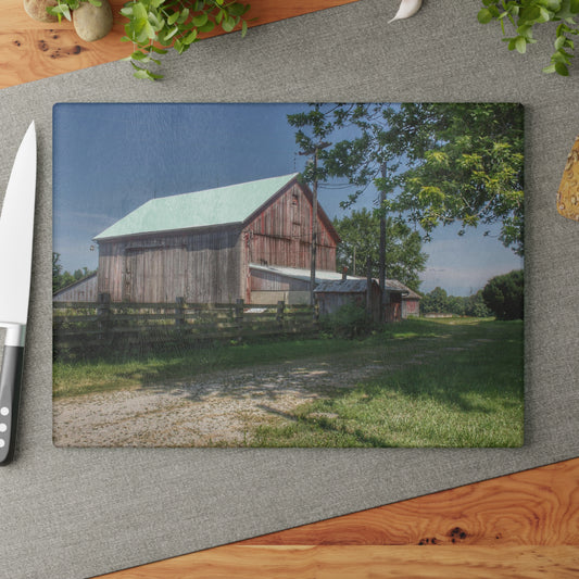 U R There Photography Castle Road Cow Barn II Rustic Farmhouse Tempered-Glass Cutting Board