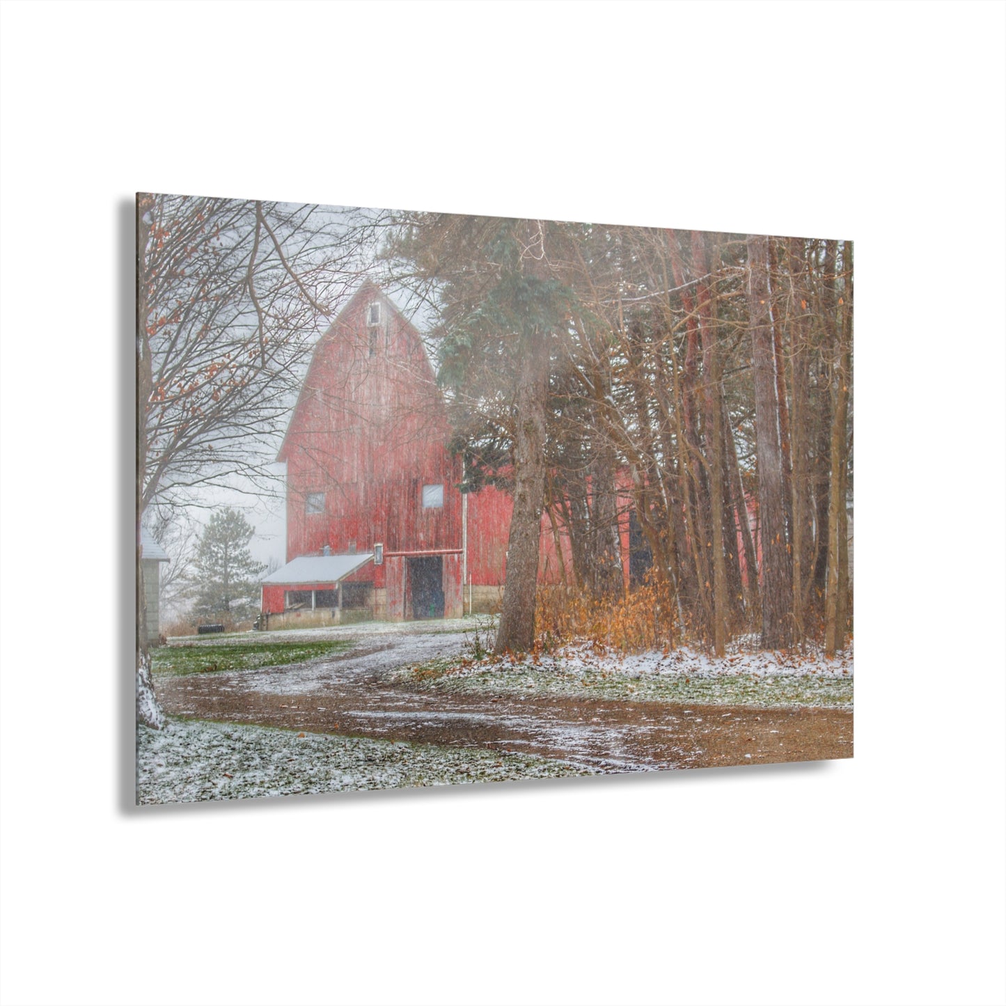 U R There Photography Tubspring Road Hidden Winter Red Rustic Farmhouse Acrylic Wall Print