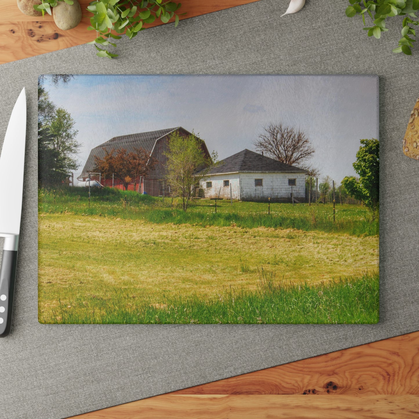 U R There Photography Colwood Hidden Red and Little White Rustic Farmhouse Tempered-Glass Cutting Board
