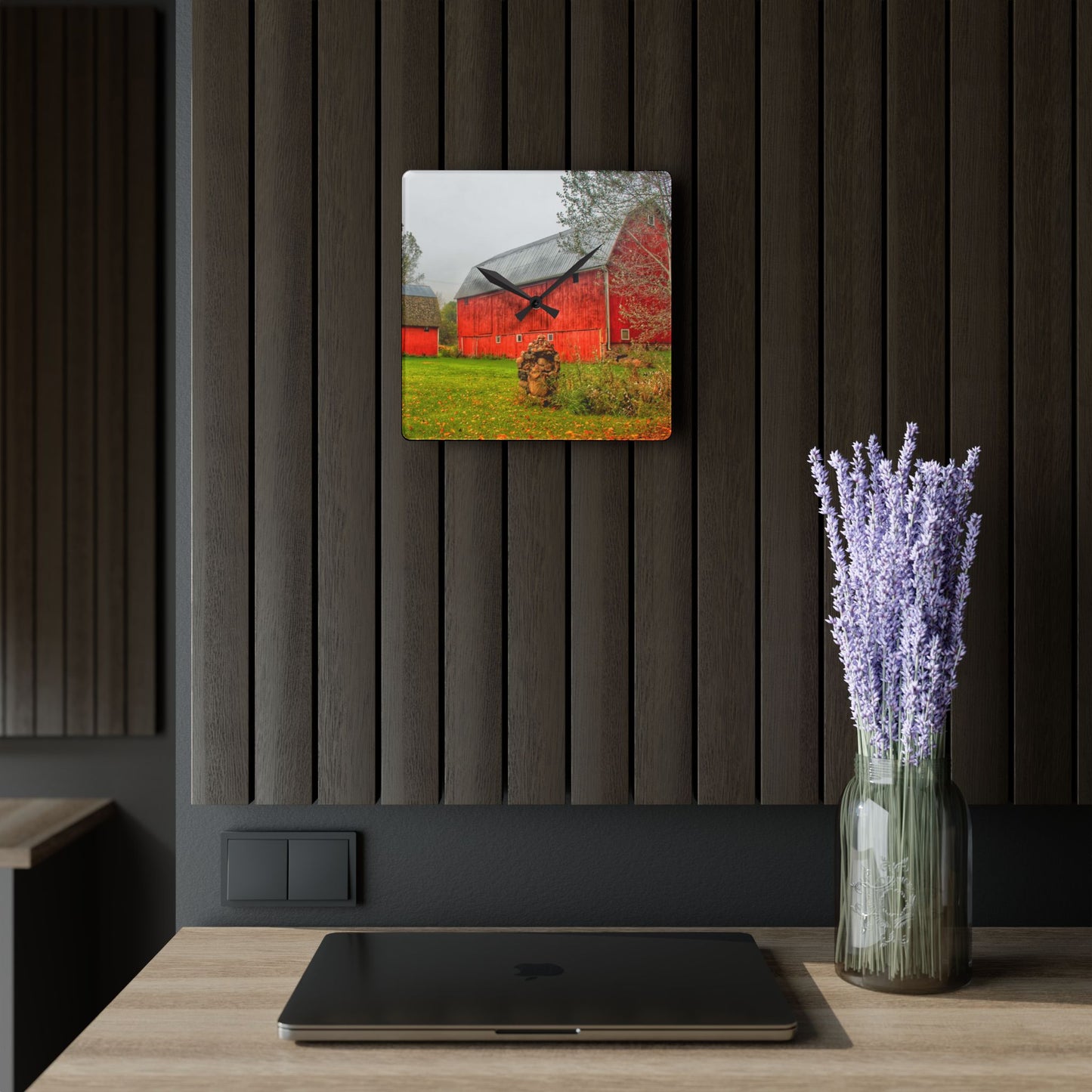 U R There Photography Cramton Road Reds I Rustic Farmhouse Wall Clock