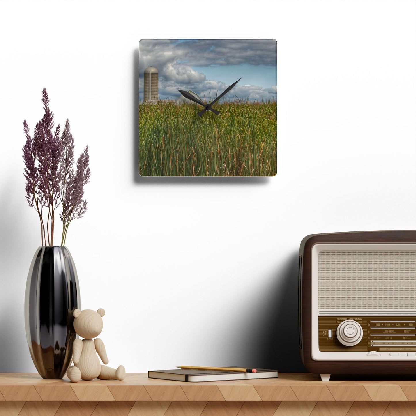 U R There Photography White Barn Overlooking Cornfield Rustic Farmhouse Acrylic Analog Wall Clock