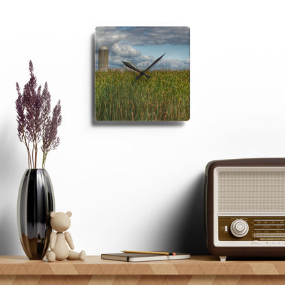 U R There Photography White Barn Overlooking Cornfield Rustic Farmhouse Acrylic Analog Wall Clock