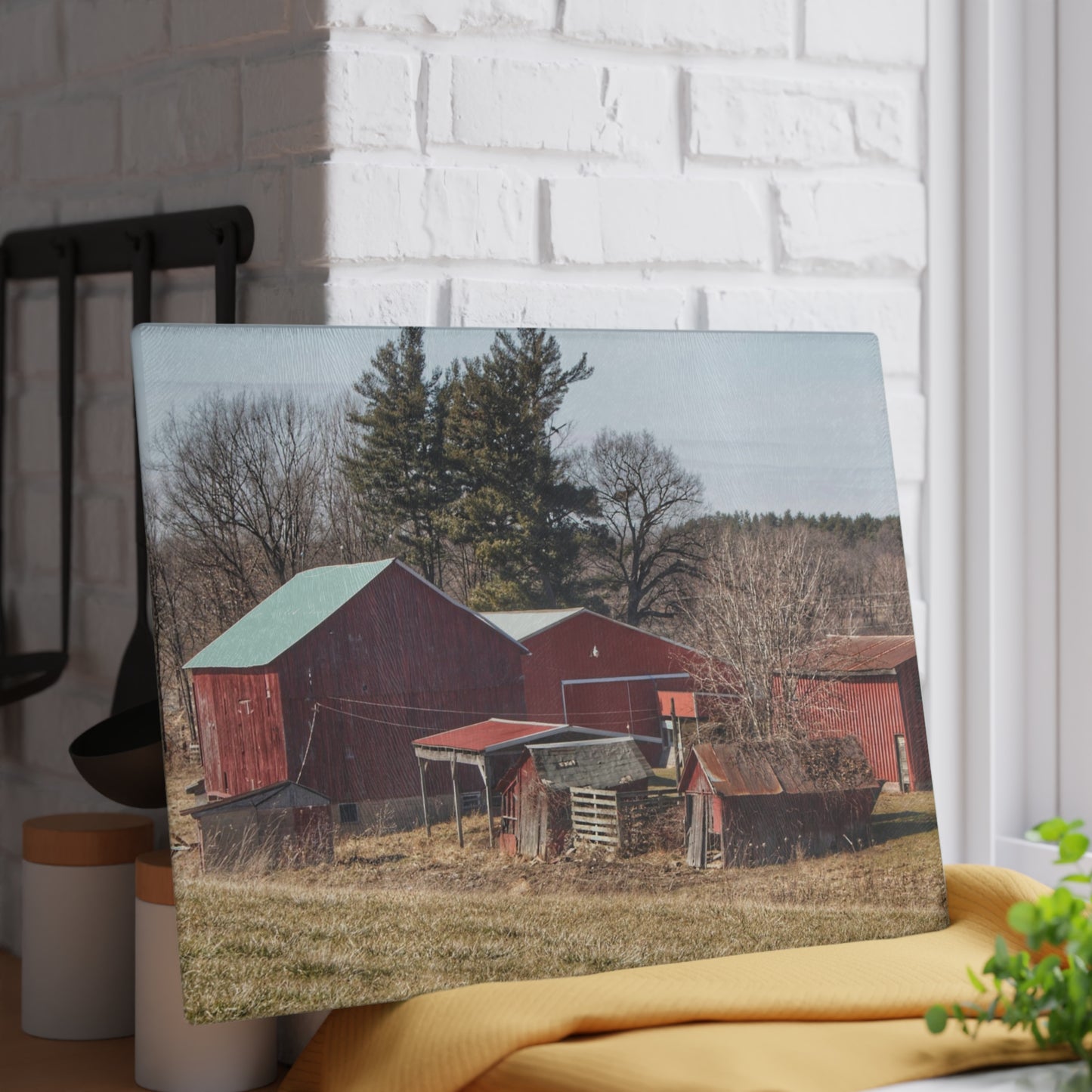 U R There Photography Bronson Lake Reds Rustic Farmhouse Tempered-Glass Cutting Board 8"x 11"