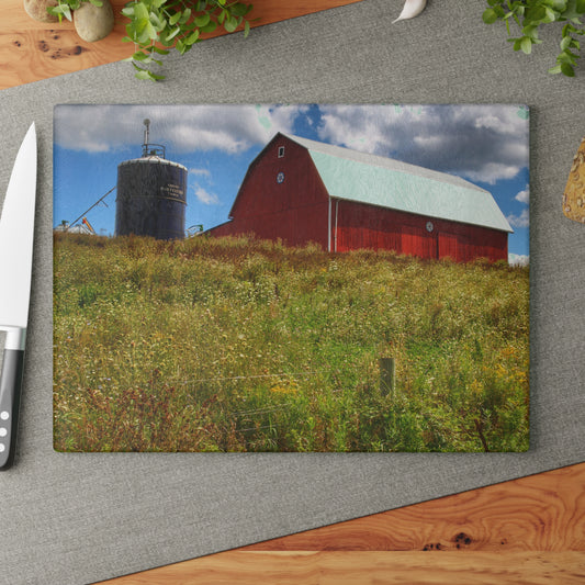 U R There Photography South Henderson Road Hilltop Red I Rustic Farmhouse Tempered-Glass Cutting Board